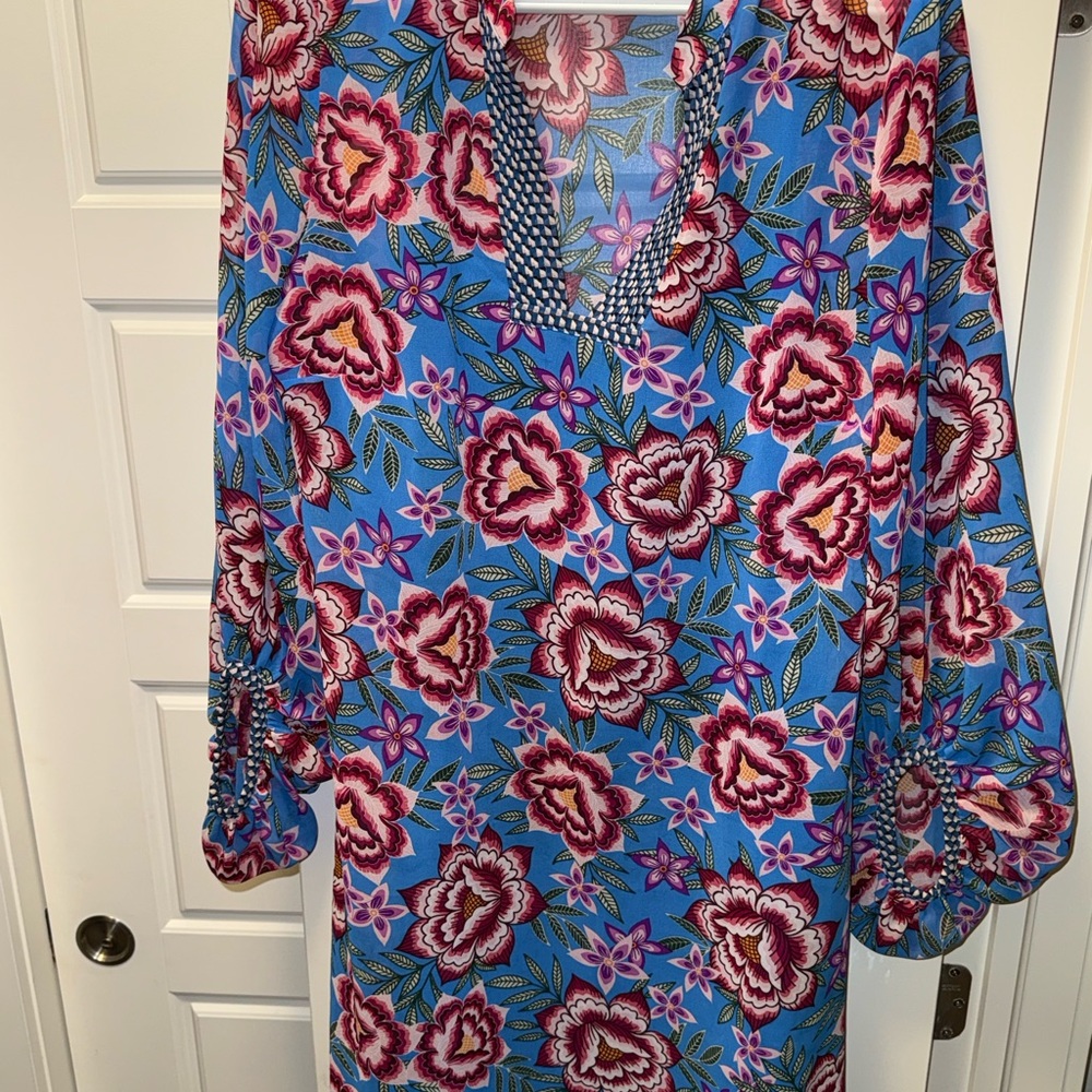 CAbi Blue and Pink Floral Long Sleeve Dress
